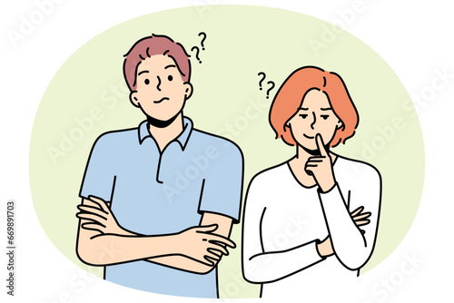 Young woman, man stand side by side in disbelief. Guy, girl do not understand, do not trust each other. Differences in worldview, culture, faith, behavior, education. Vector thin line illustration. photo