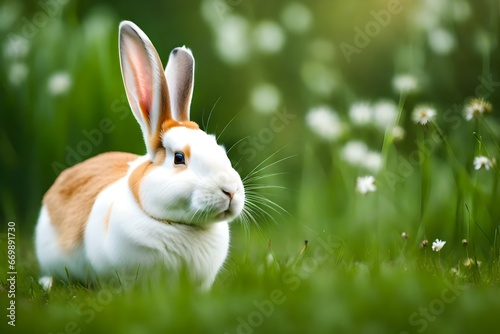 white and brown rabbit on green grass field. © Osama