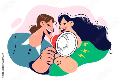Women shout into megaphone to announce important event or encourage people to participate in sale