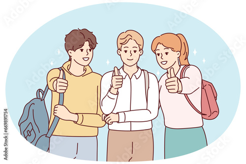 Portrait of happy students with backpack posing together showing thumbs up for good education. Smiling youth recommend college or university. Vector illustration.