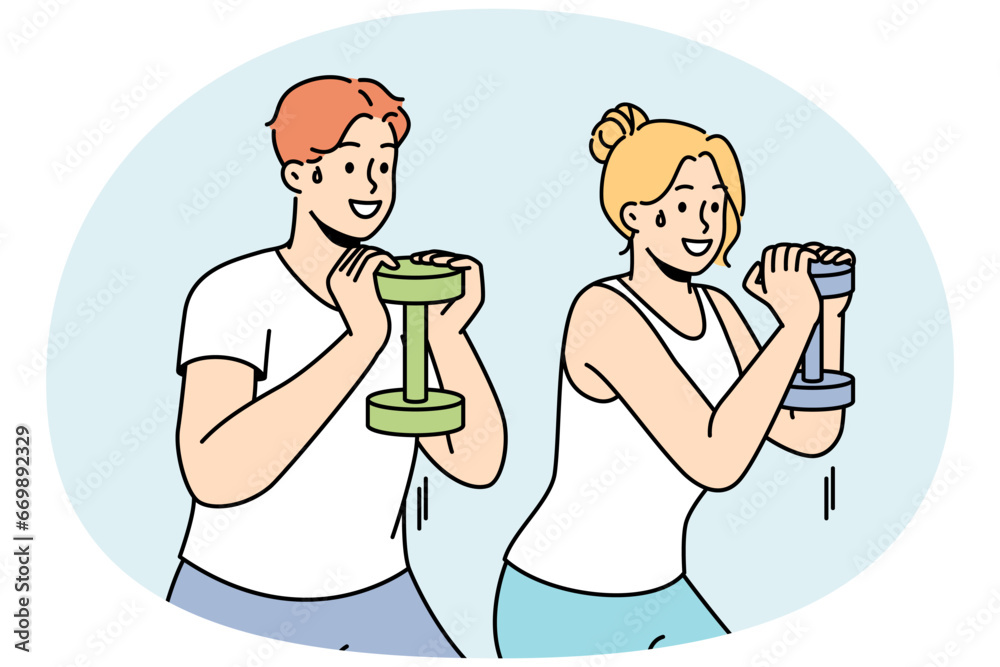 Guy, girl exercising with dumbbell. Young couple training together. Man, woman doing fitness, workout. Athletes work on strength, prepare body for competition. Weight loss practice. Vector outline. Guy, girl exercising with dumbbell. Young couple training together. Man, woman doing fitness, workout. Athletes work on strength, prepare body for competition. Weight loss practice. Vector outline.