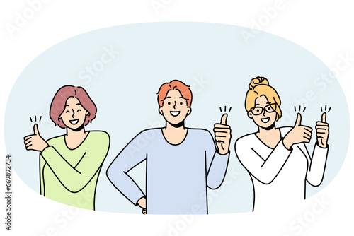 Young man, women show thumbs up hand gesture, smile. Girls, guy demonstrate activity in social networks, media, forums, attract followers, subscribers. Put heart, share post. Likes addiction vector.