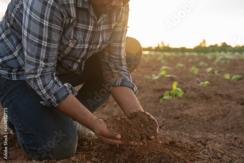 Agriculture with tablets in the field. farmer checking soil health before the growth seed of vegetable or plant seedling. Agriculture  Smart farm  organic gardening  planting  or ecology concept.