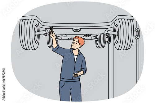 Automobile mechanic working under lifted car. Repairman doing repair, maintenance underneath auto in garage. Serviceman checking vehicle. Worker changing tires. Vector linear colored illustration.