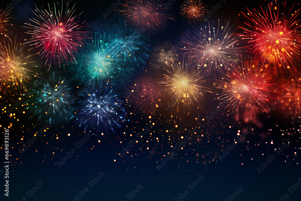 Fototapeta premium Fireworks Celebration on Dark Background with Copy Space