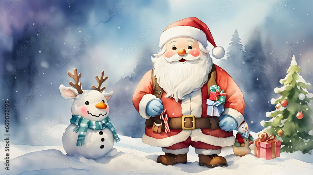 Cute Santa Claus holding gifts boxes with snowman on winter background. Merry Christmas and New Year concept. Watercolor illustration for design, invitation, greeting card, template, or wallpaper Cute Santa Claus holding gifts boxes with snowman on winter background. Merry Christmas and New Year concept. Watercolor illustration for design, invitation, greeting card, template, or wallpaper