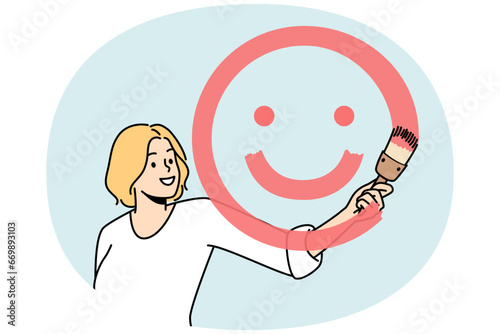 Girl paints smiling face with brush and red paint on glass in front of her. Blonde young woman spreading positive vibes, emotions. Painter have fun. Optimistic lady. Dont worry, be happy vector.