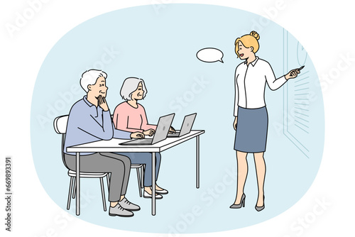 Retraining, additional education for elderly people. Advanced training for senior men, women. Young female teacher gives master class, seminar for pensioners. Vector outline colorful illustration.
