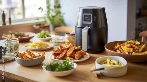 Modern electric multi cooker with french fries on the kitchen table. Airfry and french fries on the wooden table.  