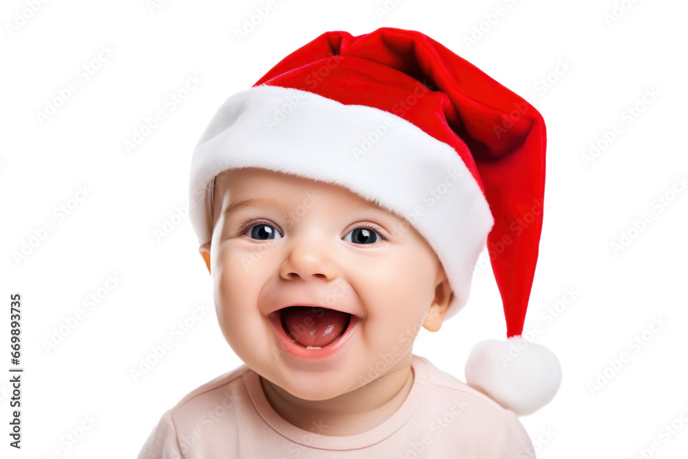 Portrait of a happy cute cheerful joyful baby wearing santa hat on a transparent background Portrait of a happy cute cheerful joyful baby wearing santa hat on a transparent background