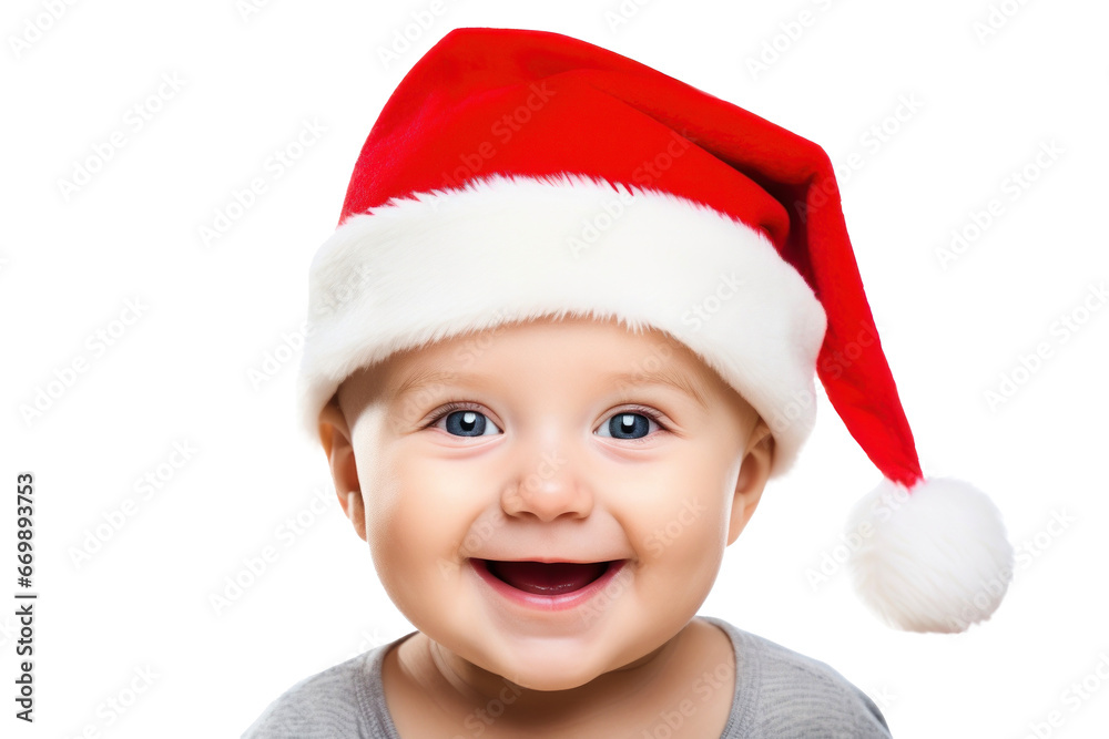 Portrait of a happy cute cheerful joyful baby wearing santa hat on a transparent background Portrait of a happy cute cheerful joyful baby wearing santa hat on a transparent background