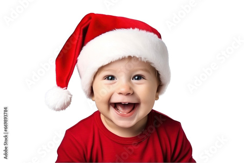 Portrait of a happy cute cheerful joyful baby wearing santa hat on a transparent background