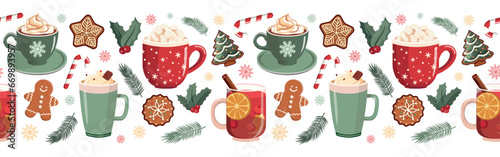 Christmas hot drink, gingerbreads seamless horizontal border with coffee, cacao, mulled wine. Winter hot beverage. Season graphic. Cute Christmas and New Year illustration