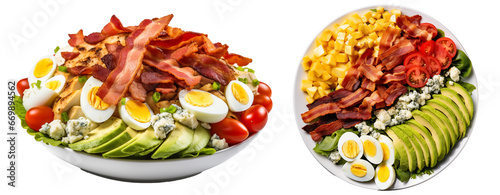 Set of two plates with cobb salad with rows of bacon, egg, blue cheese, and avocado isolated on white background photo