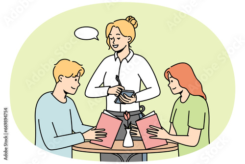Waitress takes order from young couple in restaurant. Guy and girl choose food, drinks in cafe. Man, woman spend time in coffeehouse. Speech bubble. Vector thin line colored illustration.