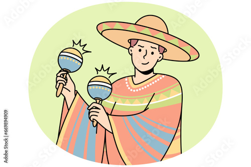 Latino man in national costume, sombrero plays maracas. Guy in traditional mexican outfit, wide-brimmed hat, holds chac-chac, shakers or cuban rattles. Vector thin line colored illustration.