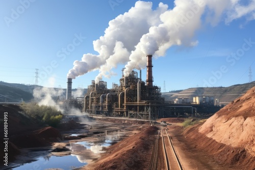 Steam rising from geothermal power plants built near natural hot springs