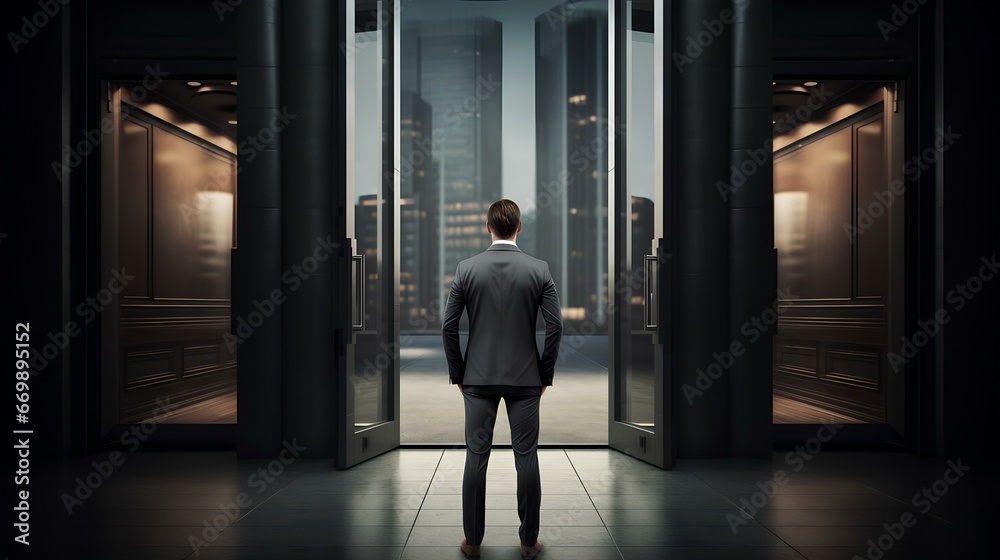 An entrepreneur businessman stands in a building opposite an open door with a view of the city.
