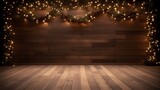 A wooden hall, an empty stage with a Christmas decor of fir decorations, twigs and garlands, for advertising products.