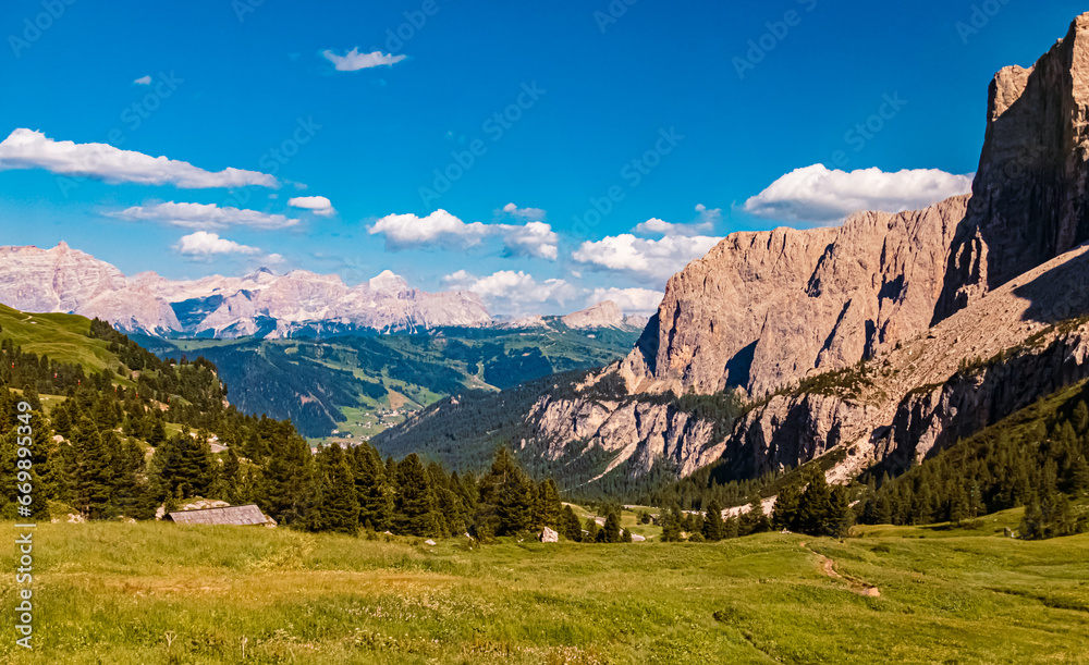 Alpine summer view near Passo Gardena, Dolomites, South Tyrol, Italy