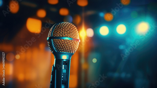 Retro Microphone On Stage With Bokeh Light.