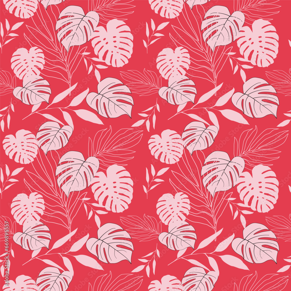 Modern seamless pattern of abstract palm and monstera leaves.