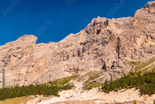 Alpine summer view near Piz Sella, Plan de Gralba, Val Gardena, Dolomites, Italy