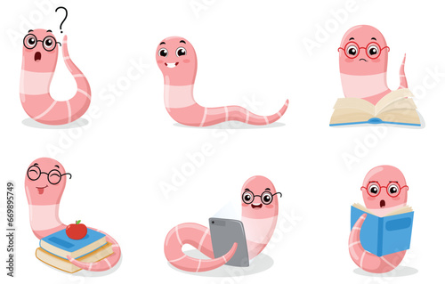 Set of cute bookworm cartoon collection with different funny expression 