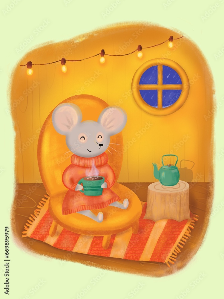 Naklejka premium A cute mouse in her home sits on a chair with a cup in her hands, isolated on a white background, hand-drawn children's illustration.