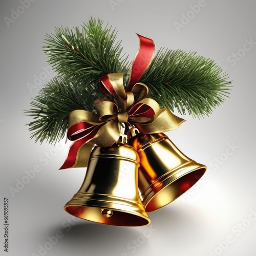Christmas bells with red ribbon and bow on fir branches. 3d illustration