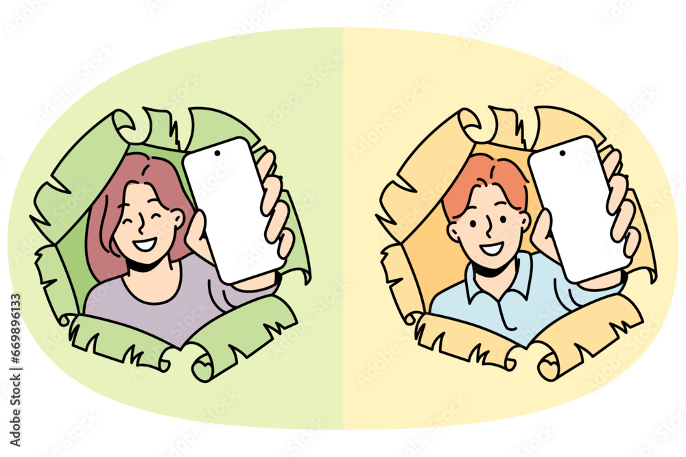 Happy girl, guy look into holes in paper with torn edges, show smartphones with blank screen. Special offer with discount, clearance sale banner. Copy space. Empty cellphone mockup. Vector concept. Happy girl, guy look into holes in paper with torn edges, show smartphones with blank screen. Special offer with discount, clearance sale banner. Copy space. Empty cellphone mockup. Vector concept.