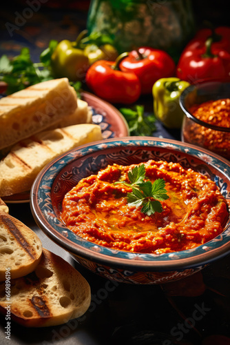 Traditional Balkan Cuisine "Ajvar" made from Roasted Capsicum, Served with Pita Bread