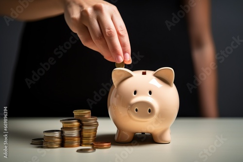 Person putting a coin into a piggy bank, symbol of saving money and prudent financial management