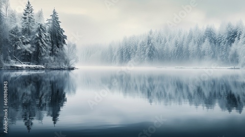 Landscape photo of snow covered pine trees with reflections in the lake in the foreground. Winter scene