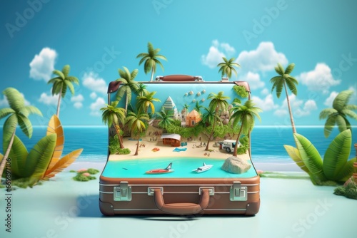 Suitcase with tropical island in the ocean.
