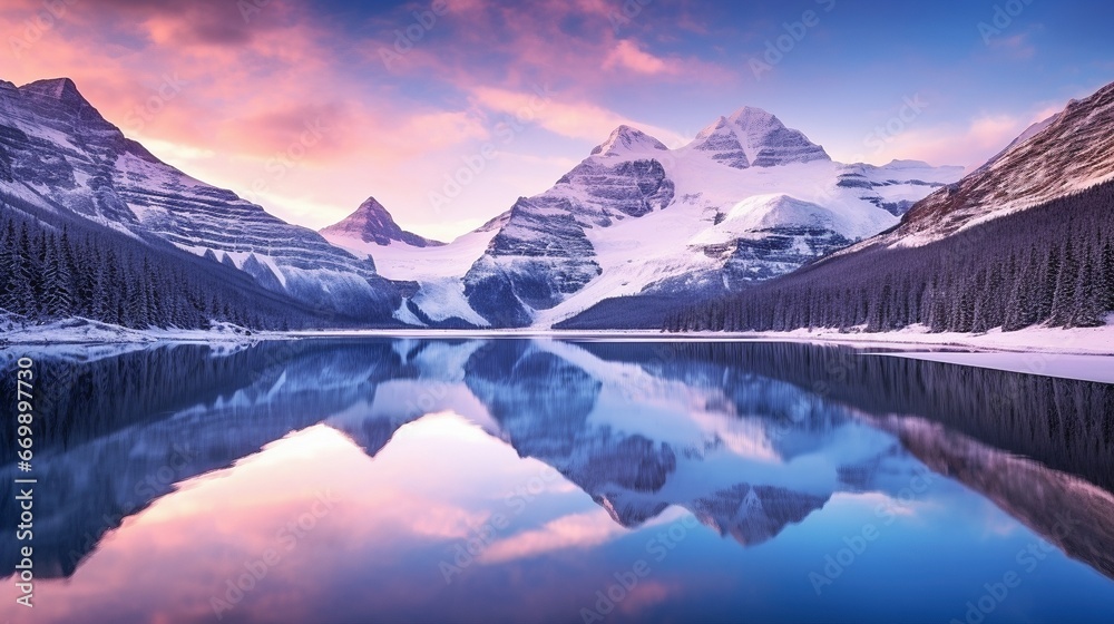 Snowy mountains reflected in a lake and bathed in pink and blue light