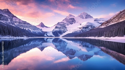 Snowy mountains reflected in a lake and bathed in pink and blue light © Raveen