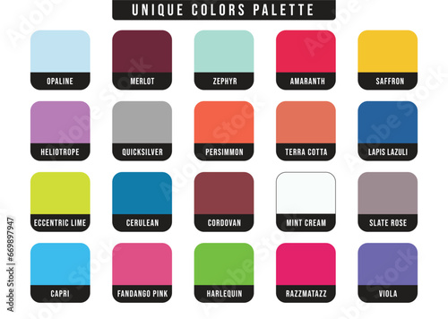 Twenty unique colors set with color name, diverse color palette collection