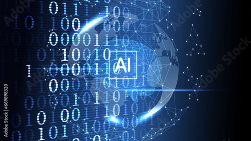 artificial intelligence brain earth illustration global network with binary code background