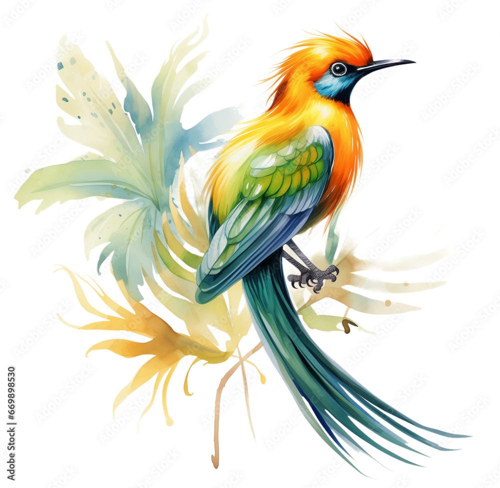 Watercolor bird of paradise. Generative AI, png image.