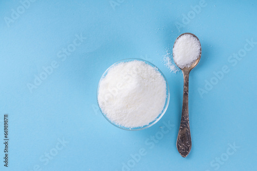 Healthy natural allulose sweetener. Diet alternative sugar substitute in drops and powder  photo