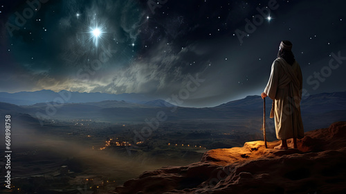 The star shines over the manger of Christmas of Jesus Christ. © vetre