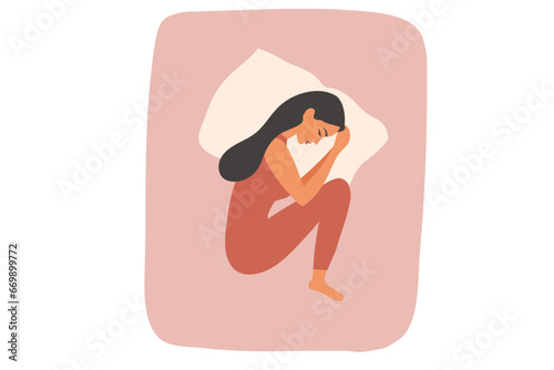 Happy woman sleeping well on bed vector illustration