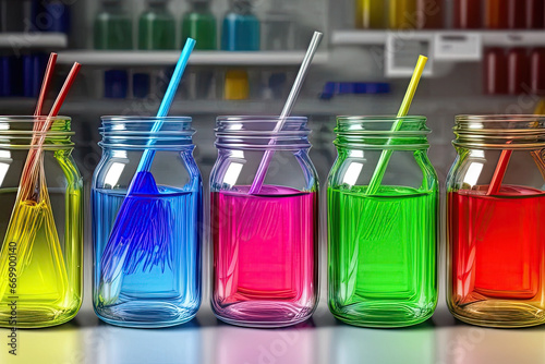 Jars with colored liquids in the laboratory