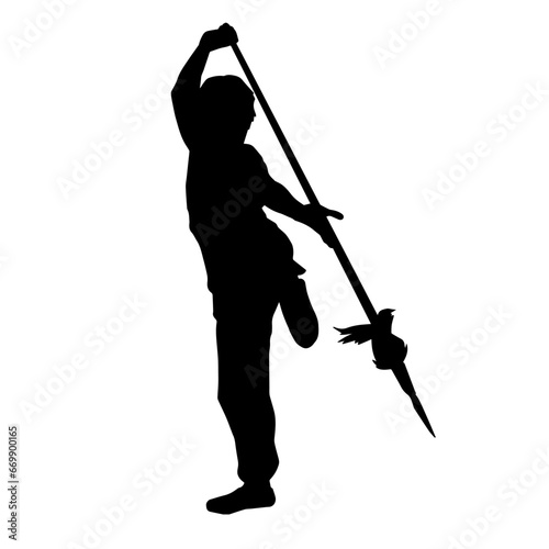 Silhouette of a female fighter in action pose with spear weapon.