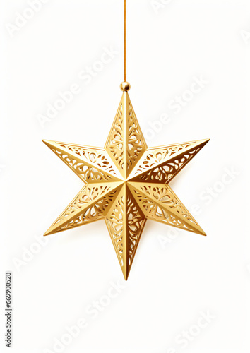 A Gold Christmas Star hanging on a white background