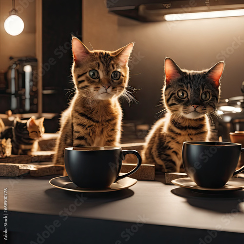 two wonderful, sweet cats and a cup of coffee next to her. nice ambience, warm and homely 