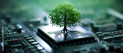 Green tree on computer chip, technology meets nature, circuit board, roots resembling wires, blending, environmental tech photo