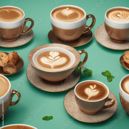 coffee cup pattern on a mint background 