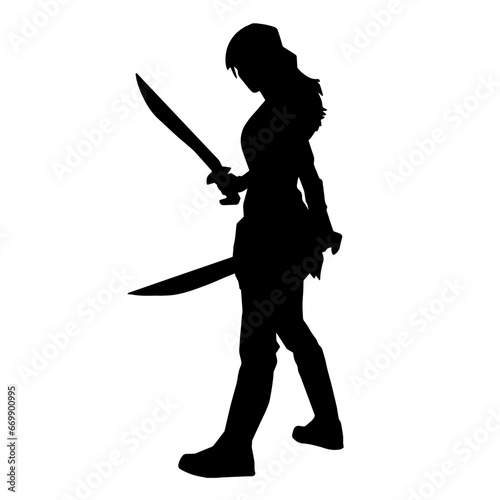 Silhouette of a female warrior carrying sword weapon. Silhouette of a woman warrior in action pose with sword weapon. 